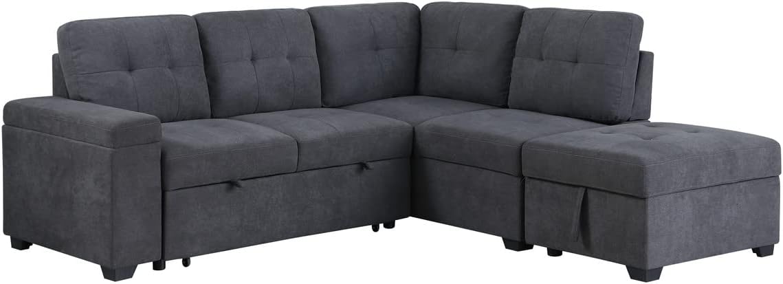 Otranto Sectional Sofa with Storage Ottoman, Storage Arm in Dark Gray Woven Fabric