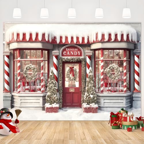 AIBIIN Fondo de fotografía navideña de 2,1 x 1,5 m, tienda de regalos de caramelos, campo de nieve, árbol de Navidad, telón de fondo, festival de invierno, retrato familiar, accesorios fotográficos
