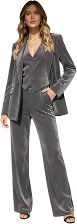 Womens 3 Piece Velvet Pant Suit One Button Business Tuxedos Suit with Vest Wedding Office Work Outfit Gray 14