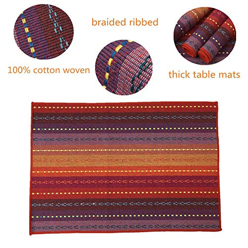Red-A Hand Woven With 100% Cotton Placemats Colorful Placemats Braided Ribbed Durable Heat-Insulation Table Mats Set Of 6,Rainbow #TOP3