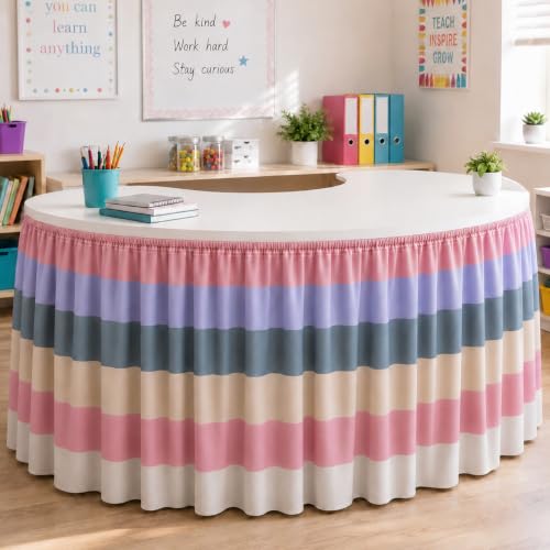 Image of 14FT Ruffle Boho Table Skirt Teacher Desk Skirt for Classroom Decor Rectangle Round Table Cloth Colorful Desk Cover for Back to School Decorations Birthday Party Supplies Home Office Bookcase Cabinet