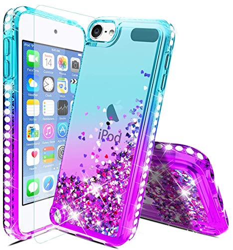 for Apple iPod Touch5/6/7,iPod 5th/6th/7th Generation Case W/Glass Screen Protector,Donse Glitter Liquid Quicksand Floating Shiny Sparkle Flowing Bling Diamond Luxury Case for Girls Women,Mint/Purple
