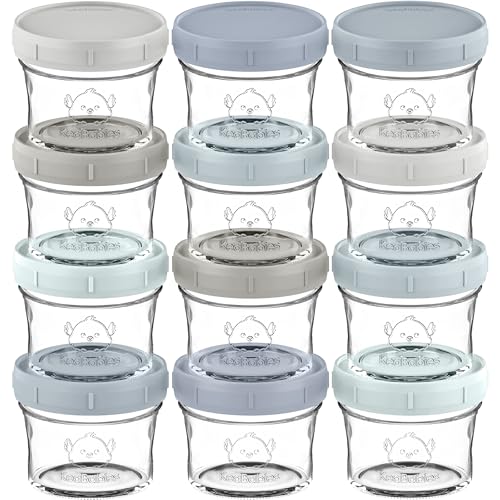 KeaBabies 12pk 4oz Glass Baby Food Containers with Lids - Leak-Proof, Microwavable Small Glass Jars, Baby Purees & Toddler Snack Storage Containers, BPA-Free, Dishwasher & Freezer Safe (Slate)