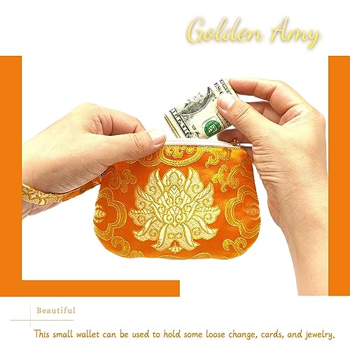 Image of Exquisite Handmade Silk Zipper Jewelry Pouch with Wristlet Strap | Women's Coin Purse Brocade Wallet for Makeup and Gifts, Orange