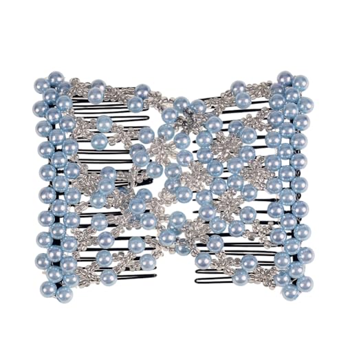 Ruihfas Delicate Women Girls Easy Stretch Pearls Combs Beaded Hair Comb Jewelry Double Clips (Light Blue)