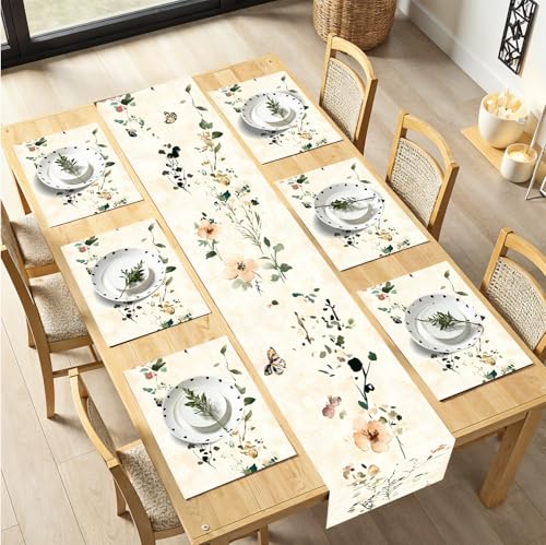 7-Piece Watercolor Floral Table Runner & Placemat Set – Butterfly & Bloom-Inspired Design – 1 Table Runner (13'x72') & 6 Placemats (12'x18') – Nature-Inspired Dining Table Decor
