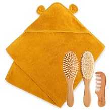Natemia Premium Wooden Baby Hair Brush and Comb Set with Organic Hooded Baby Bath Towel - Ultra Soft Cloud Touch Cotton - Absorbent Hooded Bath Towel for Newborns, Babies, and Toddlers - Ochre