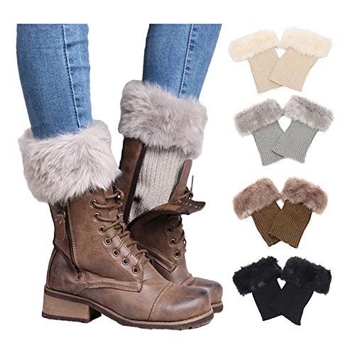 Abberrki Women Winter Faux Fur Boot Cuff Crochet Knit Boots Socks Short Leg Warmers (4 Pairs)