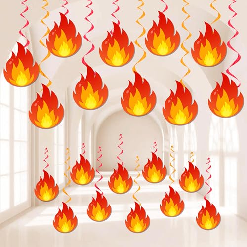 20Pcs Fire Flame Hanging Swirls Fire Birthday Party Decorations Flame Theme Swirl Ceiling Hanging Streamer Decorations for Firefighter Fire Truck Birthday Party Baby Shower Supplies