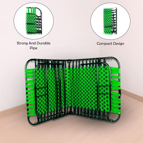 Image of Casa Copenhagen, Portable Single Folding Bed Heavy Duty Metal Cot Khat for Sleeping Bed Space Saving Design Sturdy Synthetic Niwar feet - Green & Charcoal Black