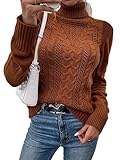 Hongqizo Women Casual Turtleneck Long Sleeve Sweater Cable Knit Pullover Solid Slim Fit Sweater Turtleneck Tops, Brown, Small