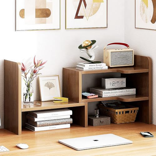 Dreamhousey Retractable Corner Book Shelf, Simple Desk Storage Shelf, Desk Office Desktop Storage Shelf, Student Small Bookcase (Brown)