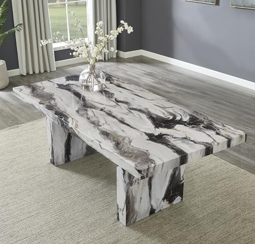 Image of Roundhill Furniture Cavira 7-Piece Modern Faux Marble Dining Set, Double Pedestal Table with 6 Upholstered Chairs