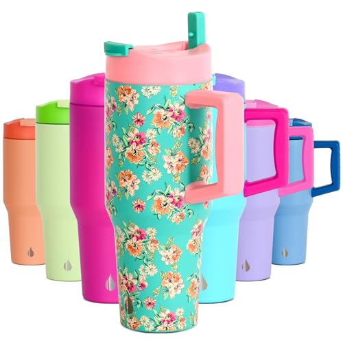 Elemental 32 oz 100% Leak Proof Tumbler with Handle & Straw - Stainless Steel Double Wall Insulated Tumbler for Hot and Cold Beverages - Travel Coffee Mug with Sip & Straw Lid - Vintage Flower