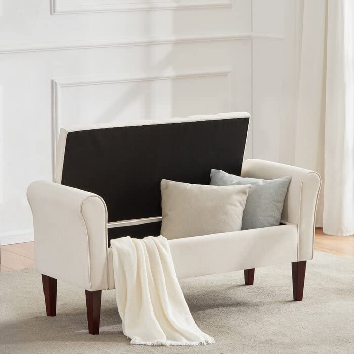 Image of Sal Wood Upholstered Flip Top Storage Armrest Bench Ottoman Pouffe Puffy Settee 2 Seater Sofa Footstool for Livingroom Bedroom Office Hotel Guestroom (White)
