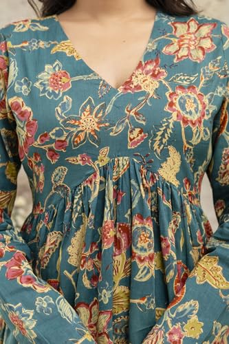 Image of LABEL ADRIJA Cotton V Neck Anarkali Short Kurti for Women Full Sleeve Floral Print | Short Kurtis for Women on Jeans