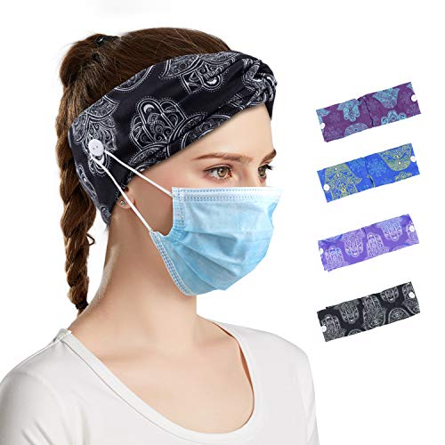 4 Pcs Women Headbands with Button for Mask, Boho Yoga Workout Headbands with Buttons for Nurses, Elastic Cotton Head Wraps to Protect Ears, Hair Band Sweatband for Sports Outdoor Activities