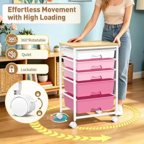 Image of SUNALLY Rolling Carts with 5 Drawers, Storage Drawer Carts for Craft, Pink