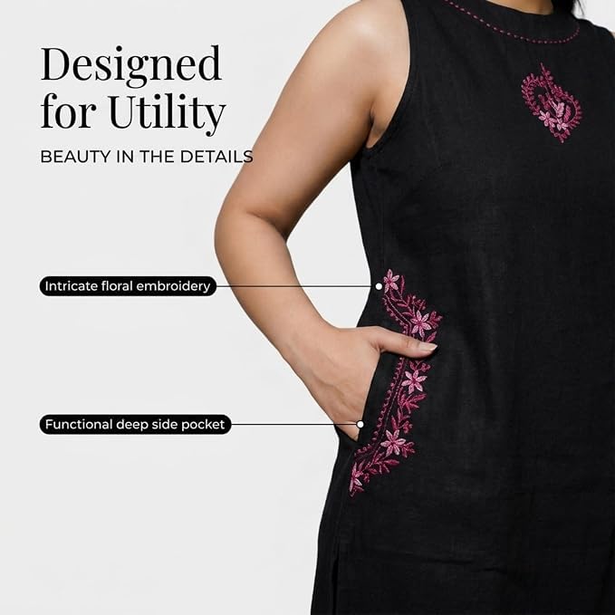 Image of Women Black Kurti Palazzo Set, Sleeveless Straight Kurta with Matching Palazzo Pants, Stylish Ethnic Wear Set for Women, Embroidered Kurta Set for Festive, Office, Casual, Party and Daily Wear