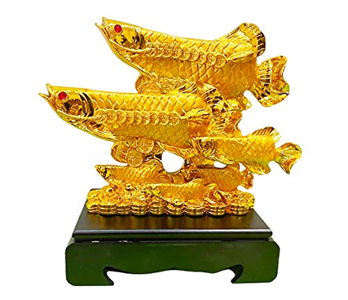 Image of Fengshui Exclusive Polyresin Set of 1 X-Large Golden Big Size Polyresin Double Arowana Fish with Money Coins Showpiece for Office Decor, Home Decoration (AF-2618)