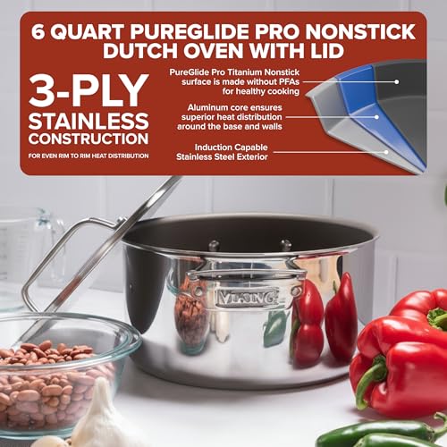 Image of Viking PureGlide Pro 3-Ply Nonstick Dutch Oven with Lid, Made without PFAS, 6-Quart Induction Cooking Pot, Metal Utensil Safe Titanium Nonstick Surface, Oven Safe to 600F