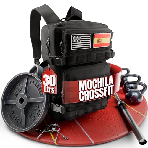 SPARTANFY | Mochila Crossfit Hombre 30L | Mochila Táctica Militar Impermeable para Gimnasio, Senderismo, Viaje, Montañismo | Mochila Grande Resistente con Sistema MOLLE (30L NEGRO)
