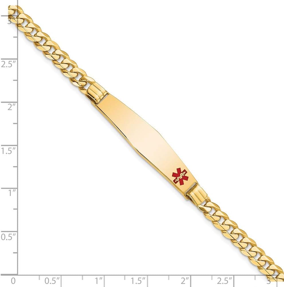 Engravable Personalized Custom 14K Yellow Gold Medical Soft Diamond Shape Red Enamel Curb Link ID Bracelet For Men or Women Length 7 inches Width 9 mm