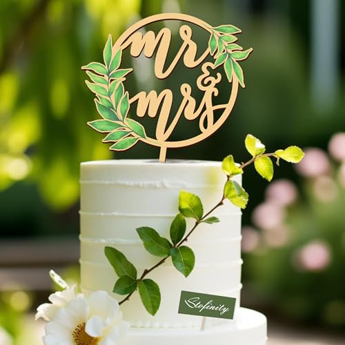 Stofinity Rustic Wedding Cake Toppers Bride And Groom - Boho Mr And Mrs Cake Topper, Wood Mr And Mrs Sign For Engagement Bridal Shower Decor, Sage Green Wedding Cake Decorations