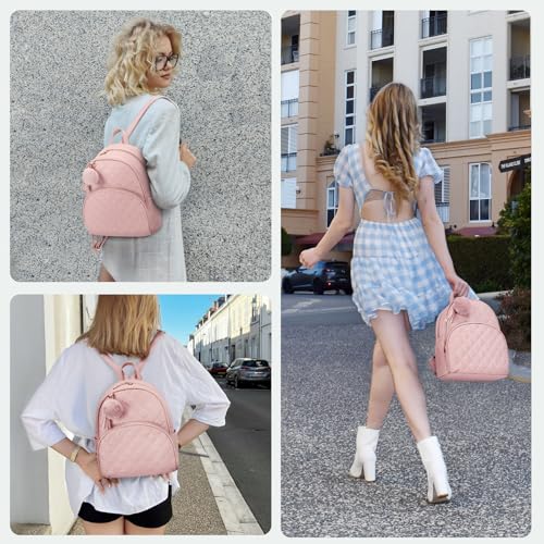 Image of ECOSUSI Mini Backpack for Women Leather Small Backpack Purse for Ladies | Stylish Shoulder Bag with Cute Pom and Tassel Decoration, Bookbag for Travel Daily Outings, Pink