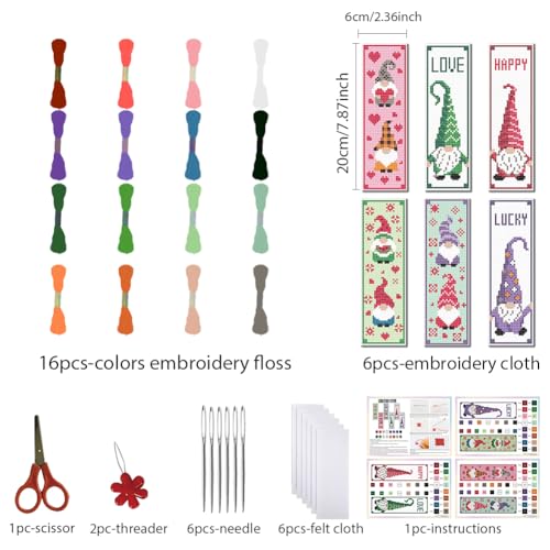 Image of FREEBLOSS 6Pcs Cross Stitch Bookmark Kits Gnome Elf Pattern Stamped Embroidery Bookmarks Beginner Embroidery Kit with Instructions Counted Cross Stitch Kit for Hand Embroidery Gift