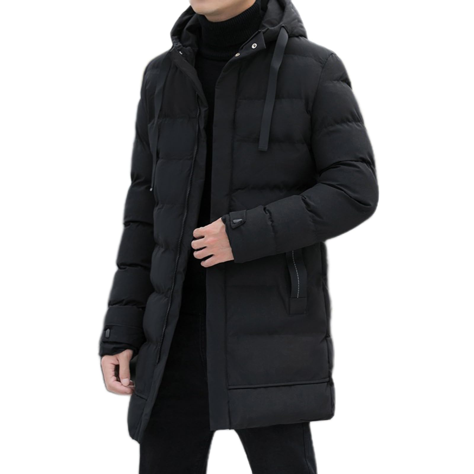 Cappotto lungo trapuntato da uomo, cappotto da uomo con cappuccio, piumini, caldo, antivento, invernale, con cerniera, cappotti invernali lunghi da uomo