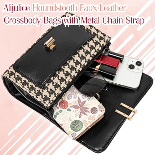 Houndstooth Faux Leather Crossbody Bags, Womens Metal Chain Strap Vegan Shoulder Clutch Purse with Rabbit Key Ring4