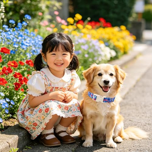 Image of Blue Floral Dog Collar, Summer Spring Adjustable Cotton Floral Collar with Daisy Charm Pendant, Quick Release Buckle, Soft Wildflowers Puppy Collar for Small Medium Large Dogs