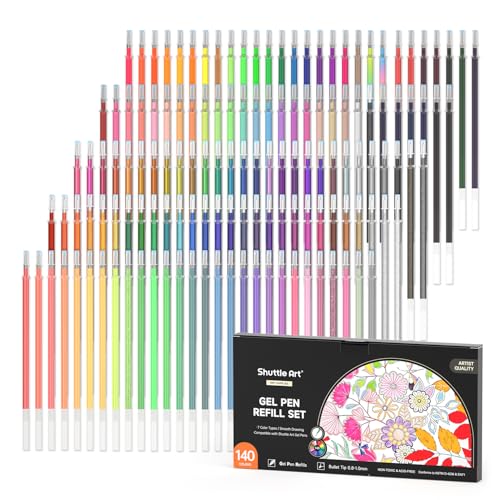 Gel Pen Refills, Shuttle Art 140 Colors (No Duplicates) Gel Pen Refills, 7 Color Types for Kids Adults Coloring Books Drawing Doodling Crafts Scrapbooking Journaling