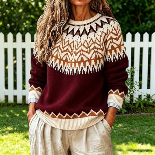 Fair Isle Sweater Women Oversized Crew Neck Retro Boho Knit Pullover - image 2