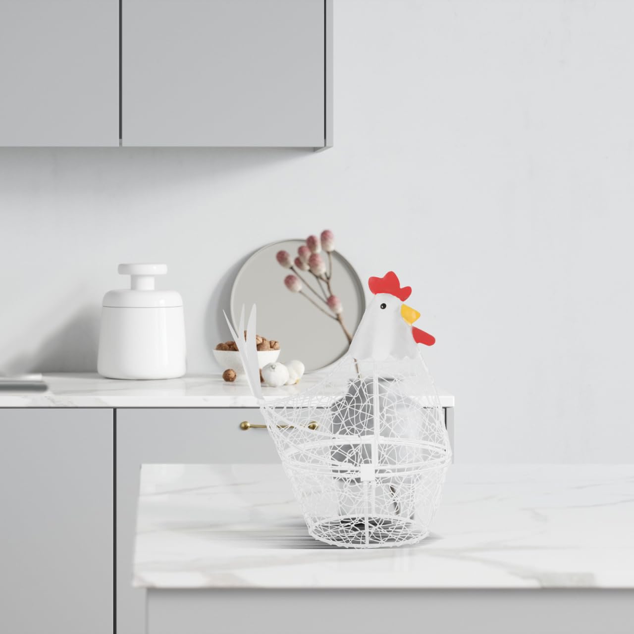 Hemobllo Panier à Œufs en Métal Blanc - Corbeille Forme de Poule pour Rangement Oeuf Frais - Porte-Œufs Décoratif pour Cuisine Style Campagne Chic - Support Distributeur Grande Capacité (26x25cm)