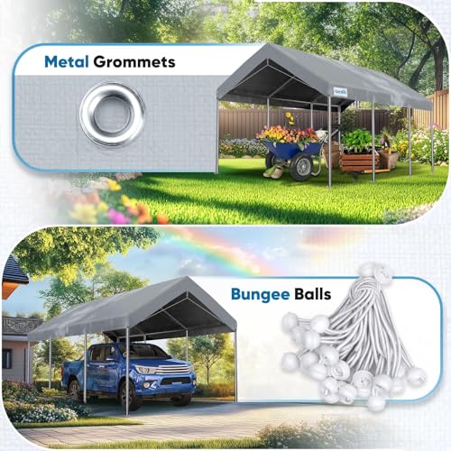 Image of ADVANCE OUTDOOR 10x20 ft Carport Replacement Top Cover, Heavy Duty Waterproof & UV Protected, Easy Installation with Ball Bungees, Gray, Roof Only