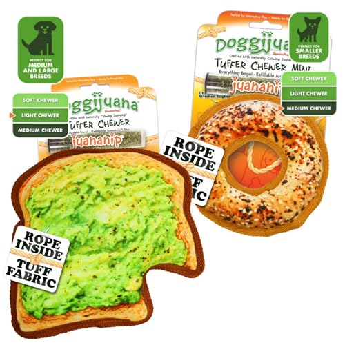 Image of Doggijuana Avocado Toast & Everything Bagel Dog Toy Bundle | 2 Pack | Refillable squeaky plush dog toy + organic calming catnip; eases anxiety, stress & storms; drug-free, hand-harvested