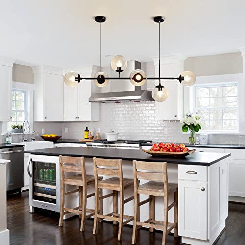 Kco Lighting 6-Light Modern Globe Sputnik Chandelier Mid Century Black Pendant Light Chandelier Dining Room Linear Pendant Lighting Kitchen Island Adjustable Pendant Light Fixtures (Black+Amber) #TOP4