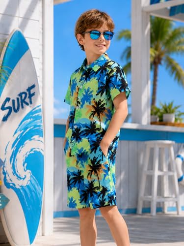 Image of LittleSpring Boys Summer Outfits Button Down Short Sleeve Hawaiian Shirts and Shorts Set