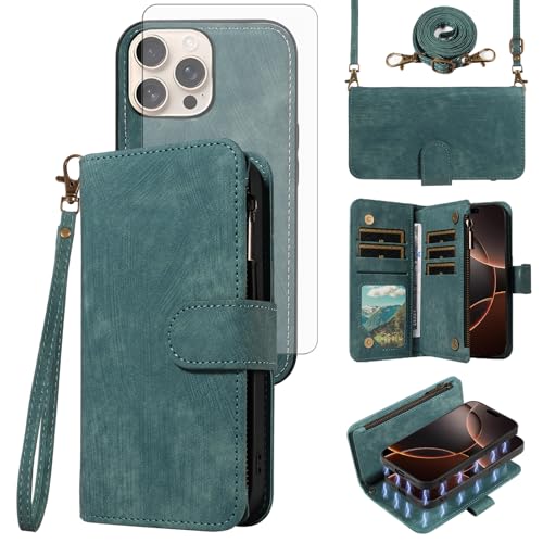 Coque iPhone 16 Pro portefeuille magnétique amovible avec fermeture éclair et sangle