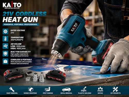 Image of KAITO Cordless Heat Gun 21 V Li-Ion with 2 x 2.5 Ah Batteries & Charger | Portable Hot Air Gun with 3 Nozzles | Dual-Temperature Heat Gun for PVC Shrink Wrap, Paint Removal, Craft & Mobile Repair