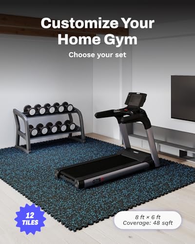 Image of AIRHOP 0.56in Thick 48 Sq Ft Exercise Equipment Mats, 12 Tiles Upgraded Rubber Top with High Density EVA Foam, Large Interlocking Puzzle Gym Flooring for Home Gym, Heavy Weight Workout,Black & Blue