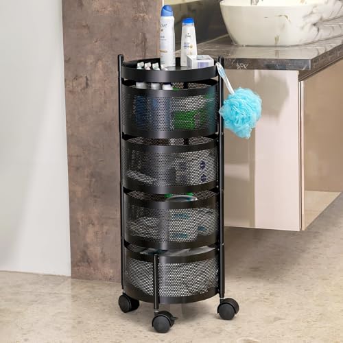 Image of MARKWELL Round Rotatable Kitchen Trolley with Wheels | Vegetable Fruit Onion Storage Rack | Multipurpose Metal Kitchen Organizer Stand | Matt Black (Round - 4 Layer)