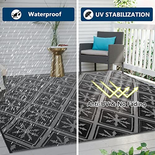 Enipate Outdoor Rugs for Patios Waterproof, 6x9ft Reversible Easy Cleaning Garden Rug, Portable Comfortable Woven Geometric Outdoor Carpet (Black & Grey) - Image 3