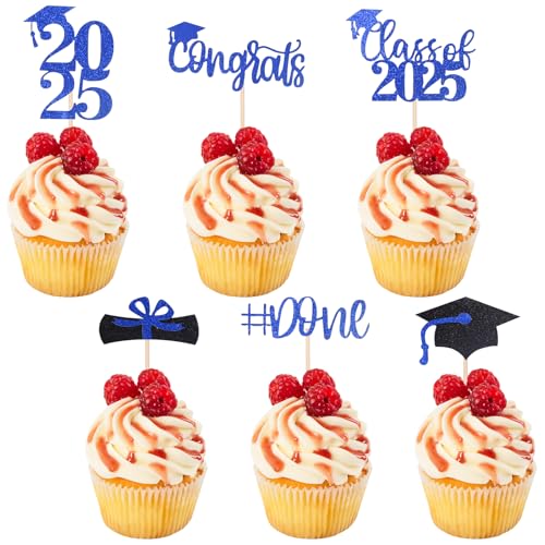 STARSIDE Graduation Cake Toppers,48 PACK Cupcake Toppers,Blue and Black Graduation Cake Decoration for 2025 Grad