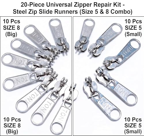 Image of On Blow 20-Piece Universal Zipper Repair Kit - Steel Zip Slide Runners (Size 5 & 8 Combo) | 10 Pcs Each Heavy Duty Fasteners & Pullers for Jackets, Luggage, Backpacks & Tents | Durable Metal Sliders (Silver Finish)