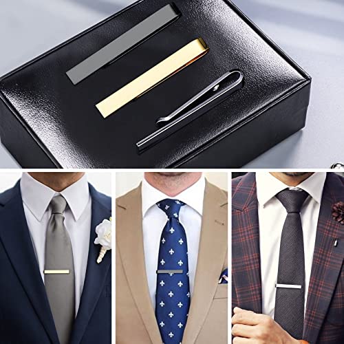 Roctee 3 Pack Skinny Tie Bar Clip Set, Suit Tie Clips for Men, Tie Necktie Clasp Pinch Clip on Tie, Suitable for Business Metting Wedding Anniversary Best Gift (Silver Gold Black)