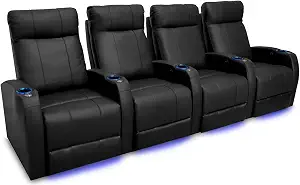 Valencia Syracuse Home Theater Seating - Premium Top Grain Nappa 9000 Leather, Power Recliner, LED Lighting (Row of 4, Black)