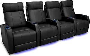 Valencia Syracuse Home Theater Seating | Premium Top Grain Nappa 9000 Leather, Power Recliner, LED Lighting (Row of 4, Black)